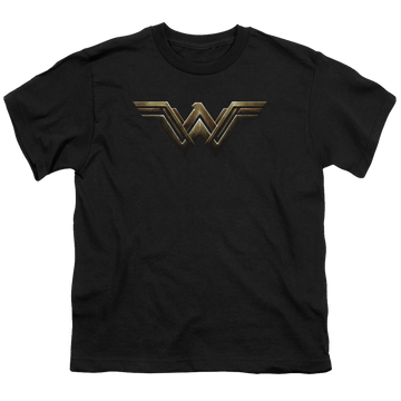 Black youth t-shirt for ages 8 to 12 with Justice League Movie Wonder Woman Logo graphic