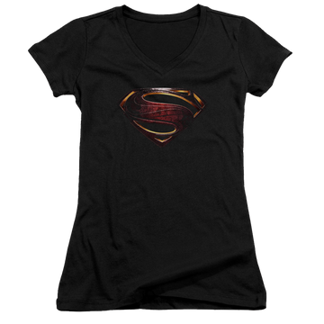 Black juniors v-neck t-shirt with Justice League Superman Logo graphic