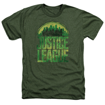 Military green men's heather t-shirt with Justice League Kryptonite graphic