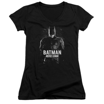 Black juniors v-neck t-shirt with Justice League Batman graphic