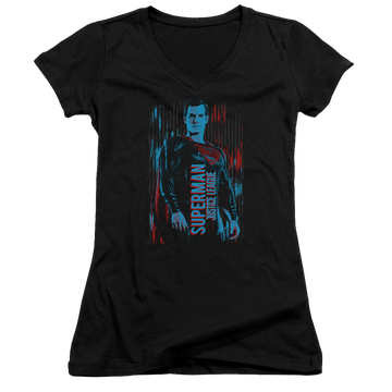 Black juniors v-neck t-shirt with Justice League Superman graphic