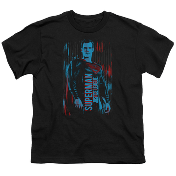 Black youth t-shirt for ages 8 to 12 with Justice League Movie Superman graphic