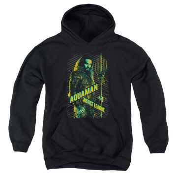 Black youth hoodie for ages 8 to 12 with Justice League Movie Aquaman graphic