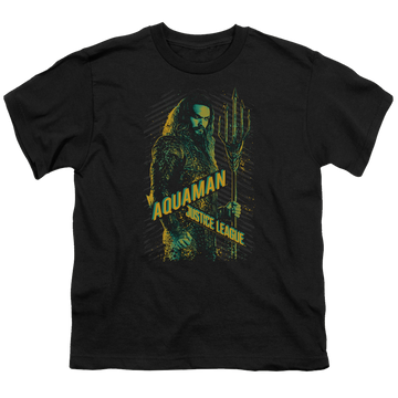 Black youth t-shirt for ages 8 to 12 with Justice League Movie Aquaman graphic