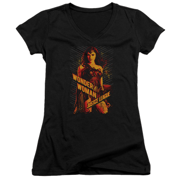 Black juniors v-neck t-shirt with Justice League Wonder Woman graphic