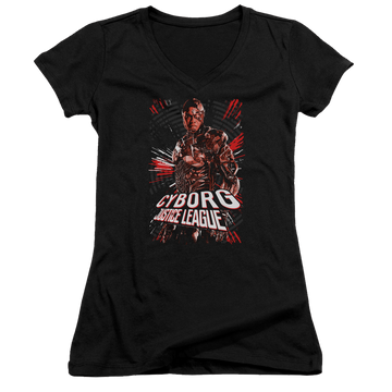 Black juniors v-neck t-shirt with Justice League Cyborg graphic