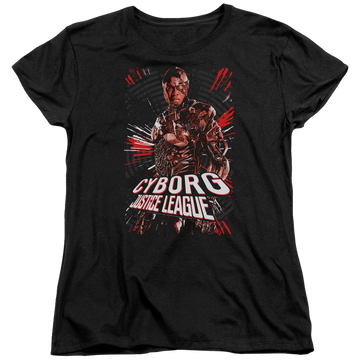 Black women's t-shirt with Justice League Cyborg graphic