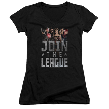 Black juniors v-neck t-shirt with Justice League Join The League graphic