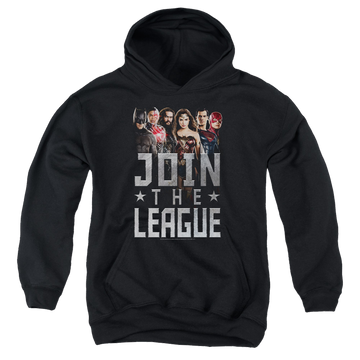 Black youth hoodie for ages 8 to 12 with Justice League Movie Join The League graphic