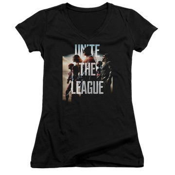 Black juniors v-neck t-shirt with Justice League Dawn graphic