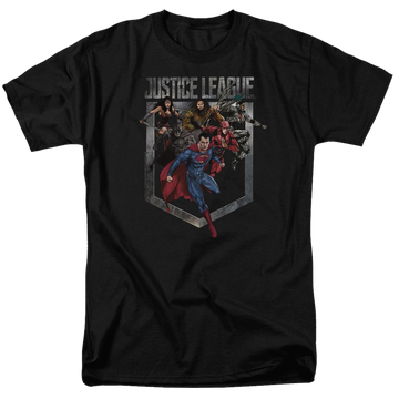 Black men's regular fit t-shirt with Justice League Charge graphic