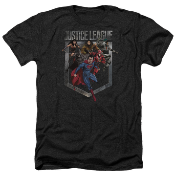 Charcoal men's heather t-shirt with Justice League Charge graphic