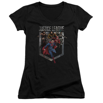 Black juniors v-neck t-shirt with Justice League Charge graphic