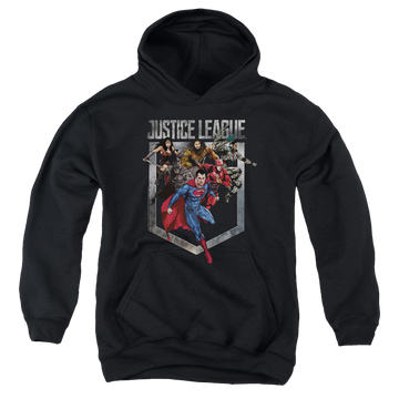 Black youth hoodie for ages 8 to 12 with Justice League Movie Charge graphic