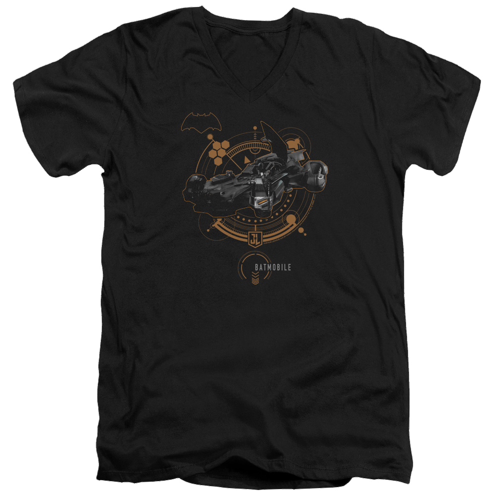 Justice League Batmobile Men's V-Neck T-Shirt Men's V-Neck T-Shirt Justice League   
