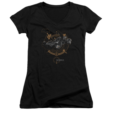 Black juniors v-neck t-shirt with Justice League Batmobile graphic