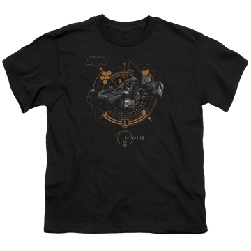 Black youth t-shirt for ages 8 to 12 with Justice League Movie Batmobile graphic