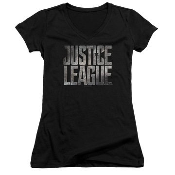 Black juniors v-neck t-shirt with Justice League Metal Logo graphic
