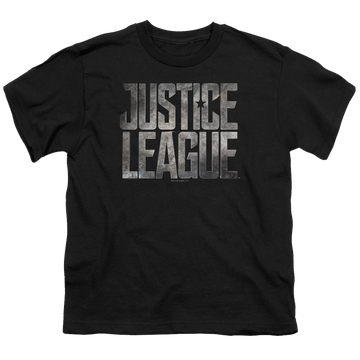Black youth t-shirt for ages 8 to 12 with Justice League Movie Metal Logo graphic
