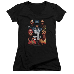 Justice League Save The World Poster Juniors V-Neck T-Shirt Juniors V-Neck T-Shirt Justice League   