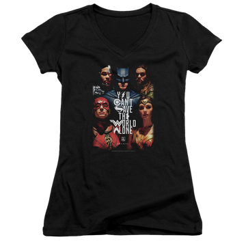 Black juniors v-neck t-shirt with Justice League Save The World Poster graphic