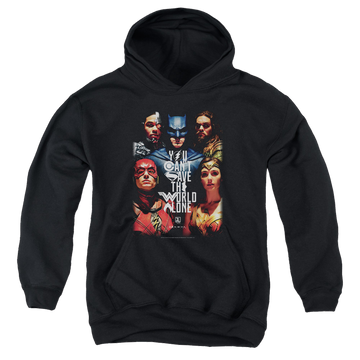 Black youth hoodie for ages 8 to 12 with Justice League Movie Save The World Poster graphic