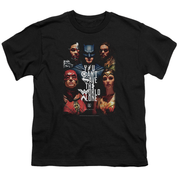 Black youth t-shirt for ages 8 to 12 with Justice League Movie Save The World Poster graphic