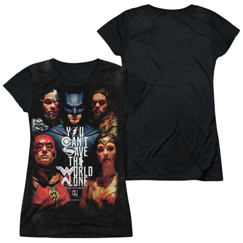 Justice League Save The World Poster Juniors Black Back T-Shirt Juniors Black Back T-Shirt Justice League   
