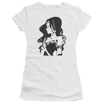 White juniors t-shirt with Justice League Profile graphic