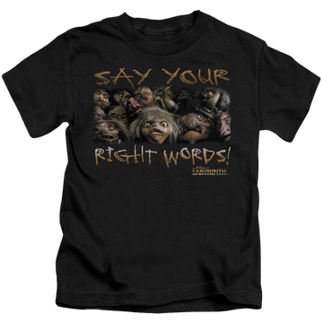 Black kid's t-shirt for ages 4 to 7 with Labyrinth Say Your Right Words graphic