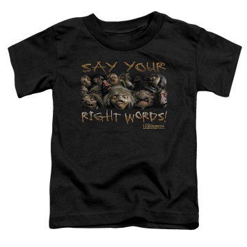 Black toddler t-shirt with Labyrinth Say Your Right Words graphic