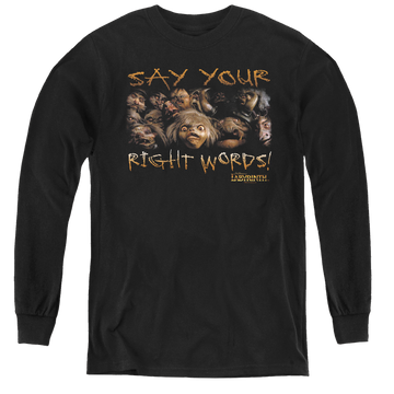 Black youth long sleeve t-shirt with Labyrinth Say Your Right Words graphic