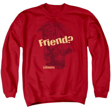 Red men's crewneck sweatshirt with Labyrinth Ludo Friend graphic