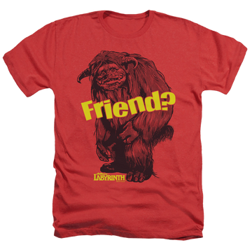 Red men's heather t-shirt with Labyrinth Ludo Friend graphic