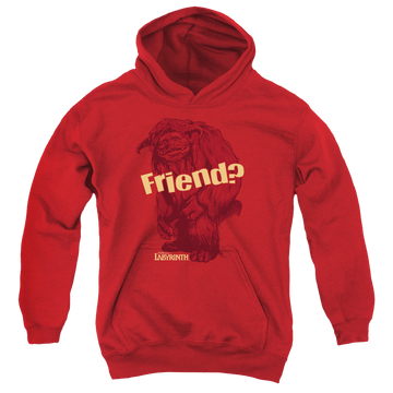 Red youth hoodie for ages 8 to 12 with Labyrinth Ludo Friend graphic