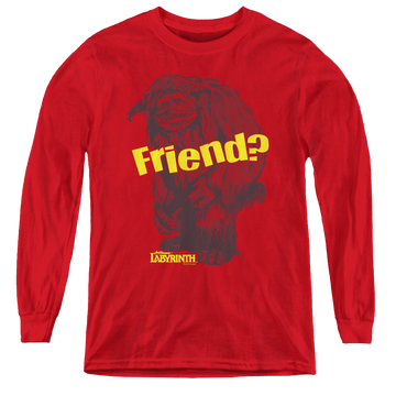Red youth long sleeve t-shirt with Labyrinth Ludo Friend graphic