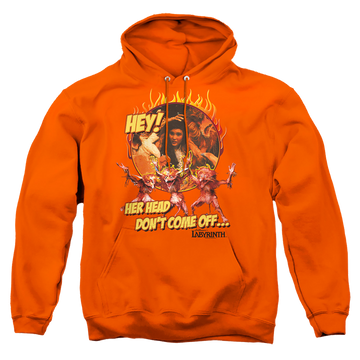 Orange pullover hoodie with Labyrinth Head Dont Come Off graphic