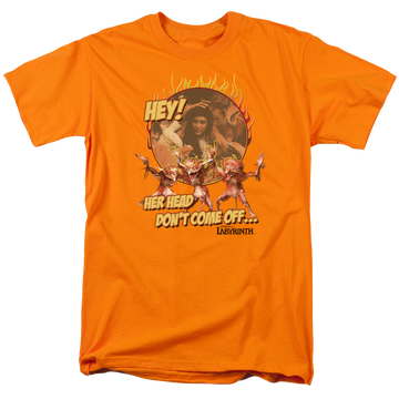 Orange men's regular fit t-shirt with Labyrinth Head Dont Come Off graphic