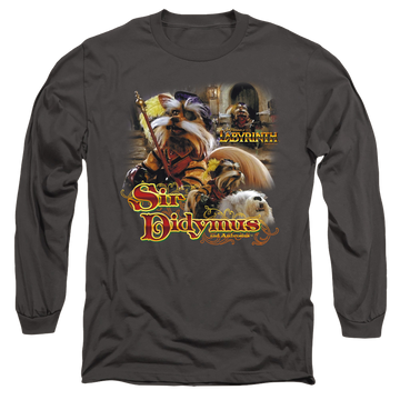 Charcoal men's long sleeve t-shirt with Labyrinth Sir Didymus graphic