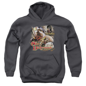 Charcoal youth hoodie for ages 8 to 12 with Labyrinth Sir Didymus graphic