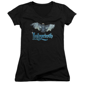 Black juniors v-neck t-shirt with Labyrinth Title Sequence graphic