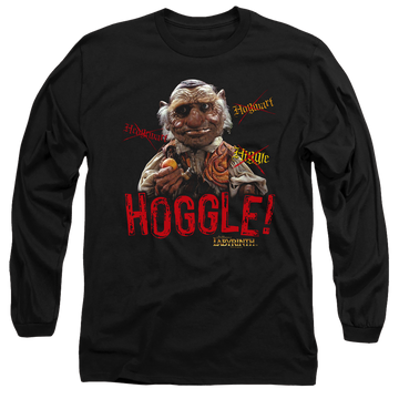 Black men's long sleeve t-shirt with Labyrinth Hoggle graphic
