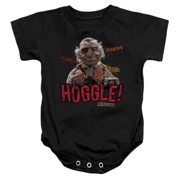 Black baby bodysuit with Labyrinth Hoggle graphic