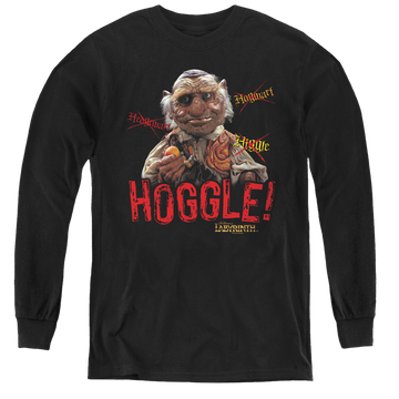 Black youth long sleeve t-shirt with Labyrinth Hoggle graphic