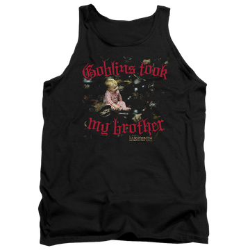 Black men's tank with Labyrinth Goblins Took My Brother graphic