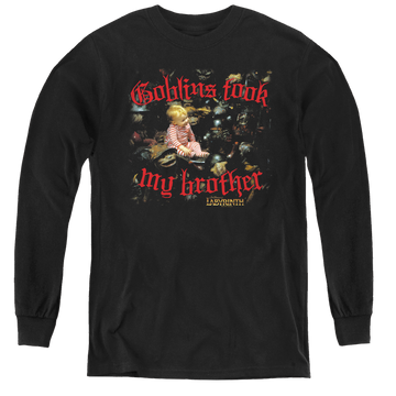 Black youth long sleeve t-shirt with Labyrinth Goblins Took My Brother graphic