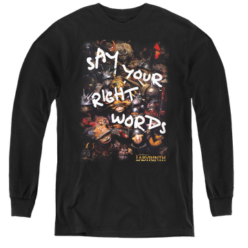 Black youth long sleeve t-shirt with Labyrinth Right Words graphic