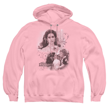 Pink pullover hoodie with Labyrinth Sarah graphic