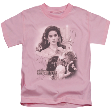 Pink kid's t-shirt for ages 4 to 7 with Labyrinth Sarah graphic