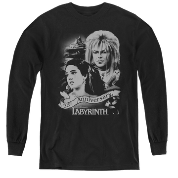 Black youth long sleeve t-shirt with Labyrinth Anniversary graphic
